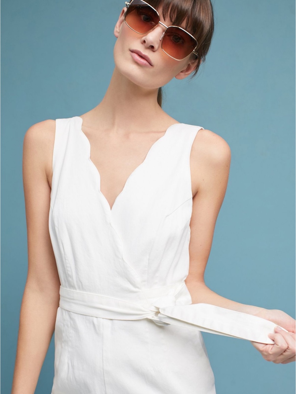 ANTHROPOLOGIE CHINO NEW Ivory Scalloped Chino Jumpsuit Wide Leg 6 Stretch - Picture 3 of 10
